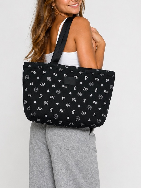 PINK Victoria's Secret Handbags - VS PINK Large Tote Bag Black Logo Heart Print
